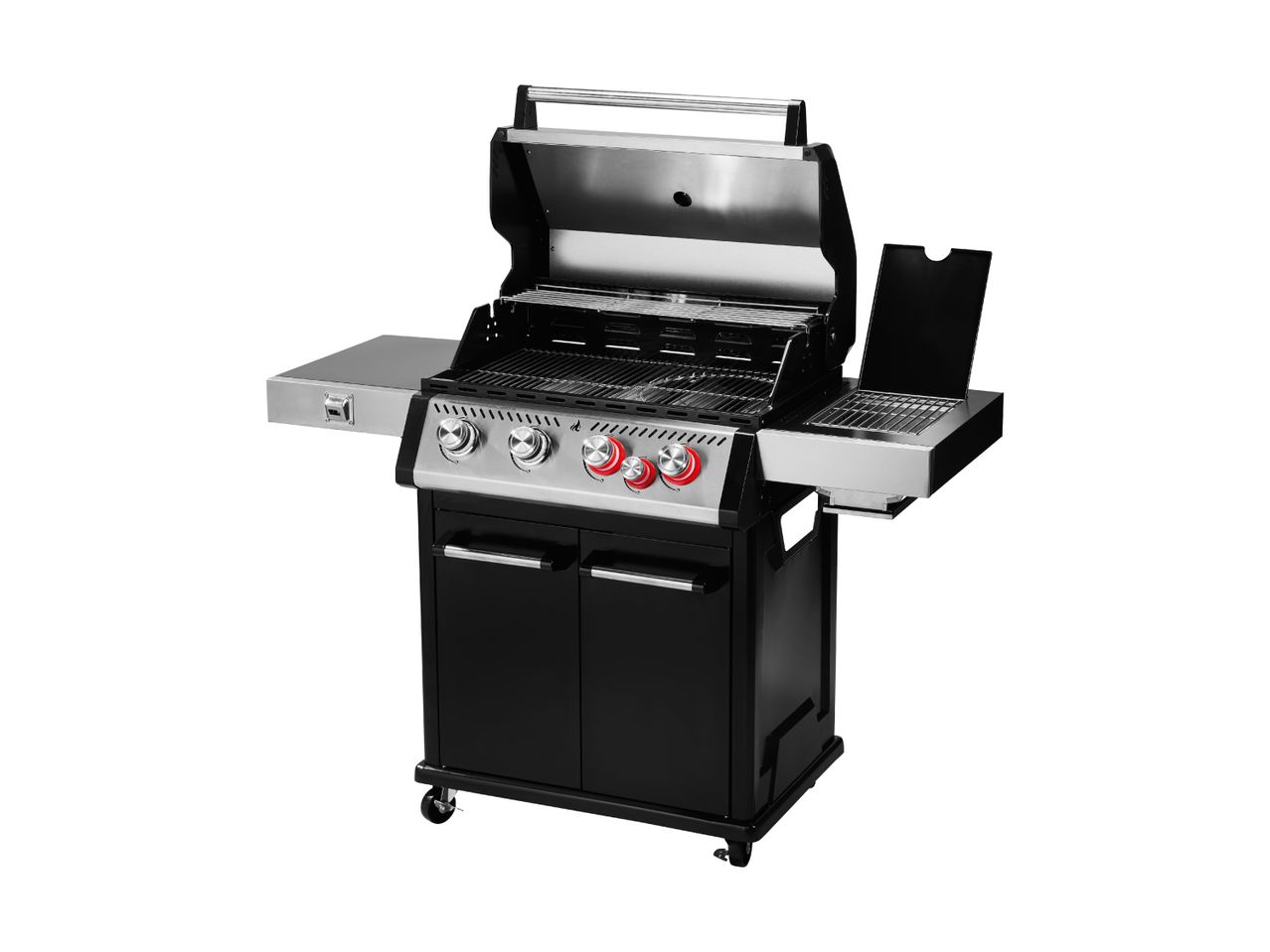 Black gas barbecue with an open lid, side tables, and control knobs.