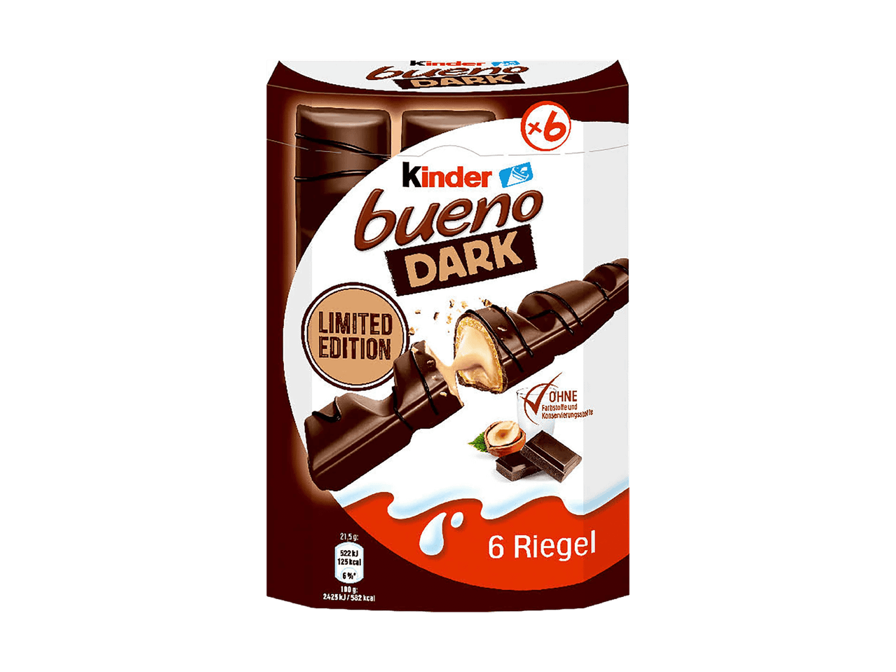 Packung mit 6 dunklen Schokoriegeln mit cremiger Haselnussfüllung, limitierte Auflage.