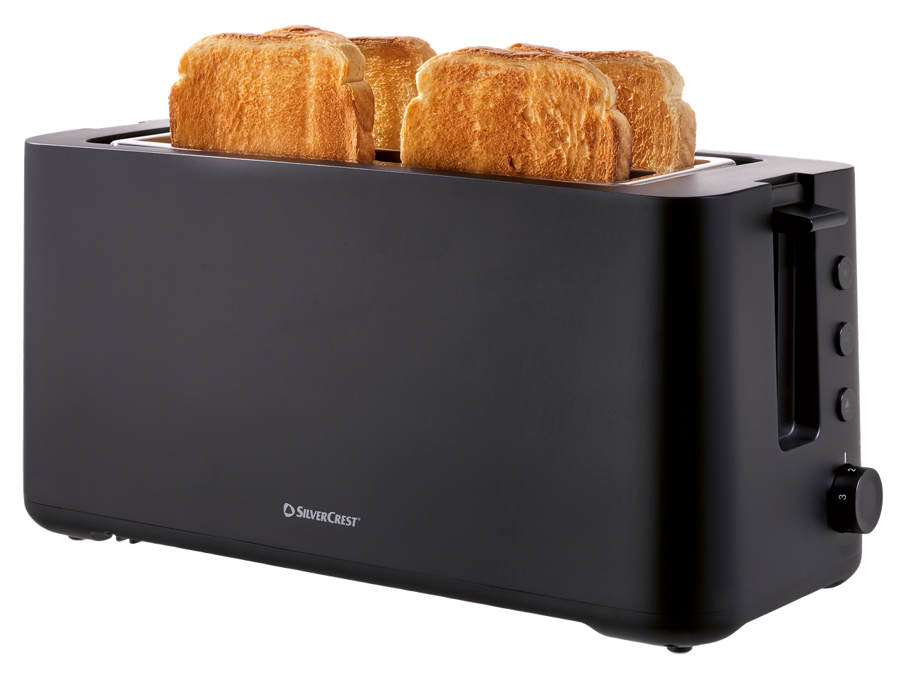 Fekete kenyérpirító négy szelet pirítóssal, fekete háttér előtt.