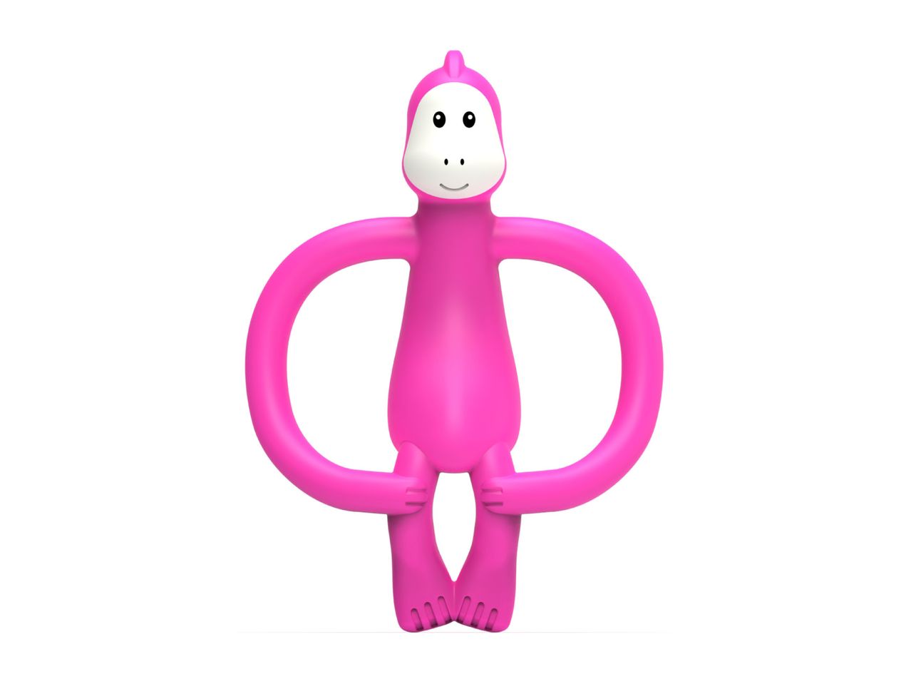 Pink monkey-shaped baby teether with large, circular arms.