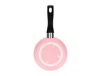Pink frying pan with a black handle, viewed from the bottom.