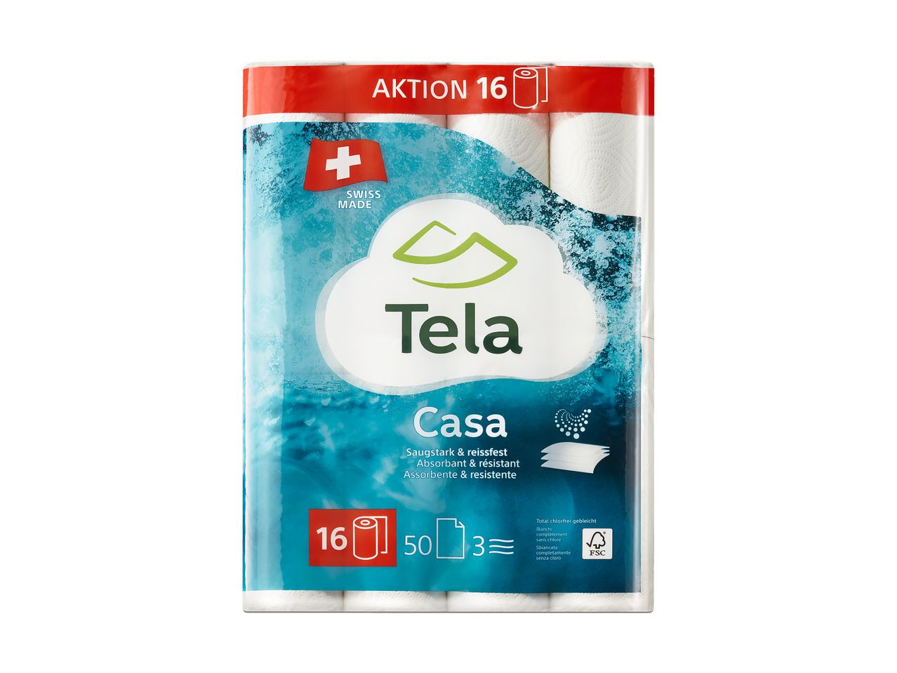 16 Rollen Tela Casa Küchenrollen, hergestellt in der Schweiz.