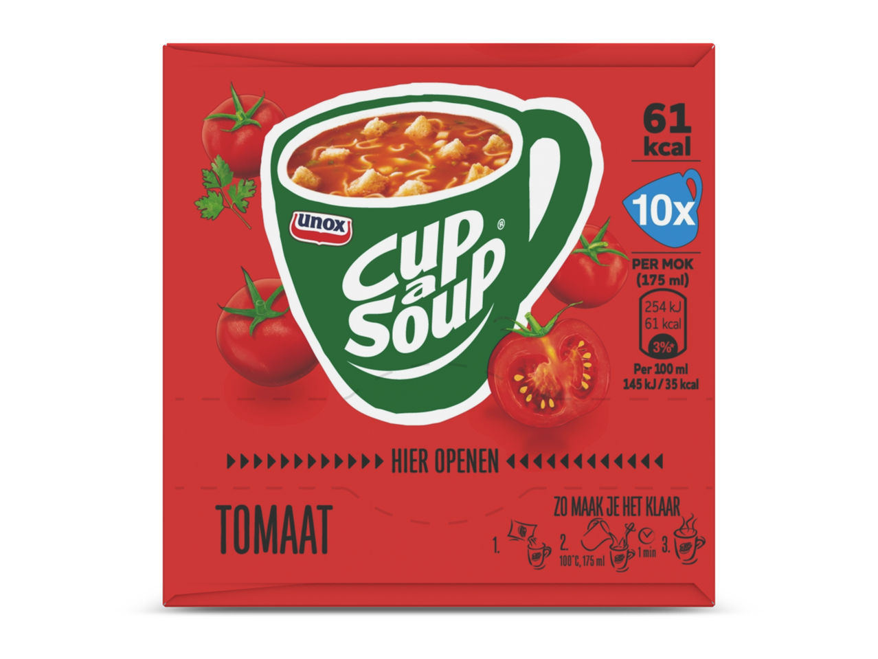 Een rode verpakking van tomatensoep met afbeeldingen van tomaten en een groene mok.