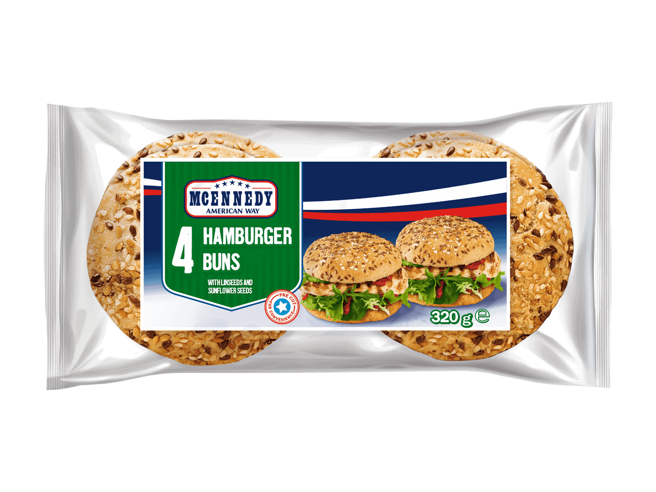 Paquet de 4 pains à hamburger aux graines de lin et de tournesol, prédécoupés pour plus de commodité.