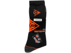 Par črnih delovnih nogavic Dunlop z oranžnimi detajli in etiketo.