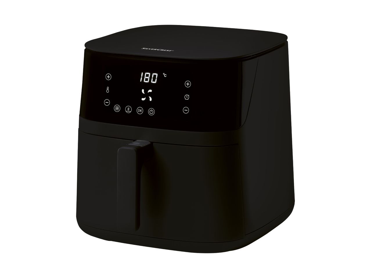 Black air fryer with digital display showing 180 degrees Celsius and fan icon.