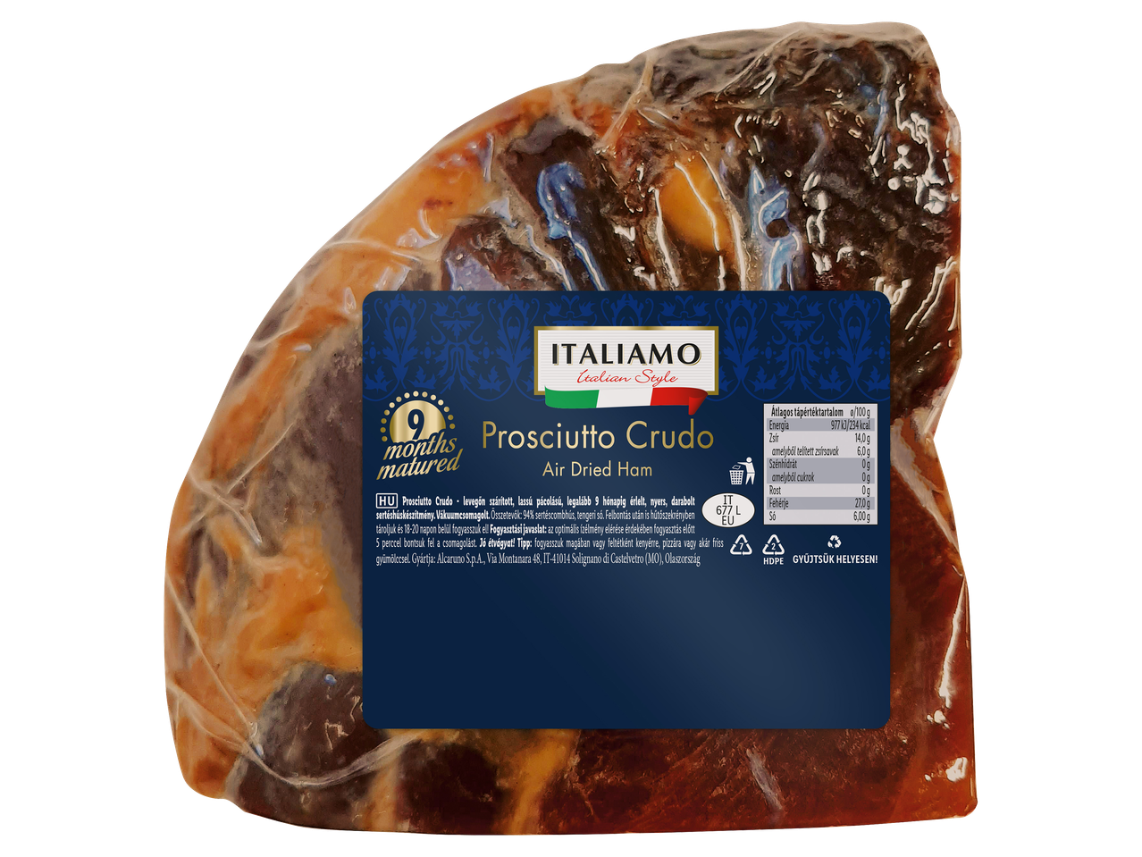 9 hónapig érlelt Prosciutto Crudo, levegőn szárított sonka vákuumcsomagolásban.