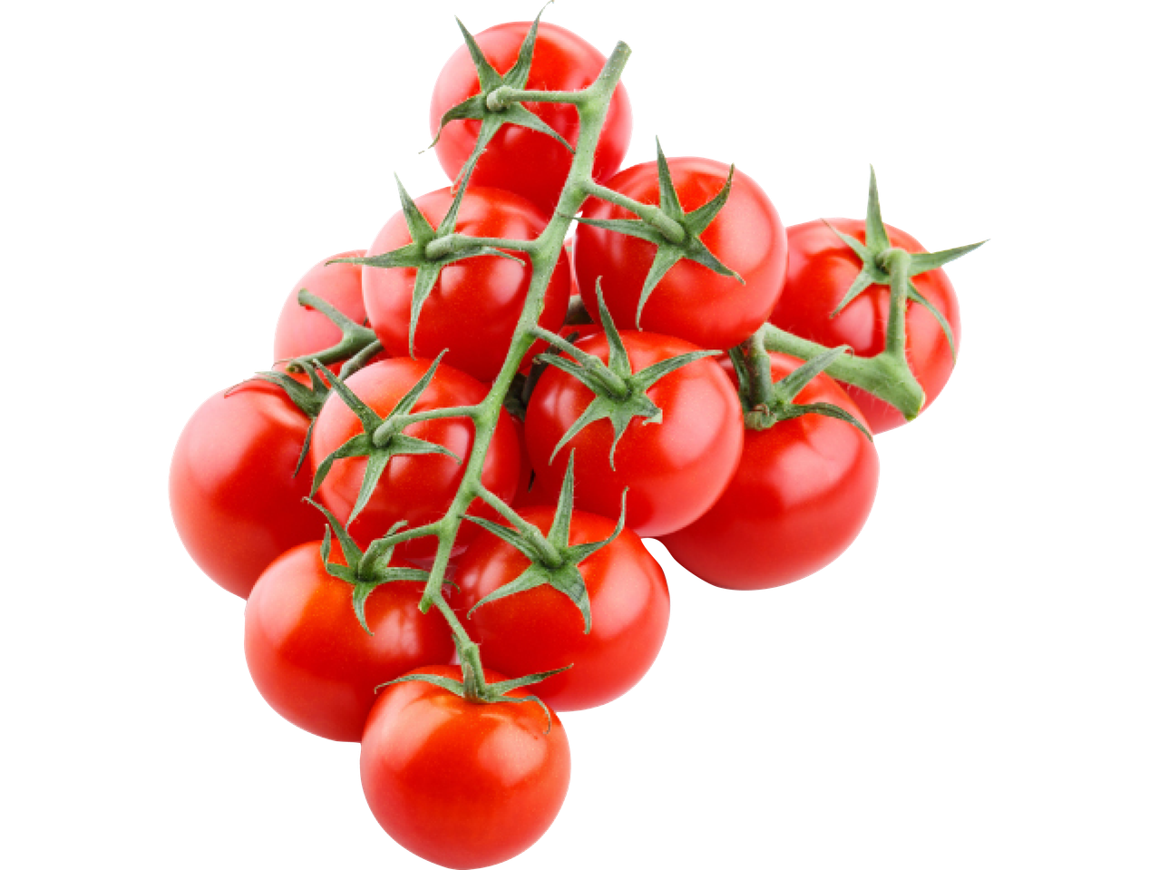 En klase med mogna, röda körsbärstomater på svart bakgrund.