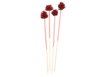 Four red pine cones on wooden sticks.