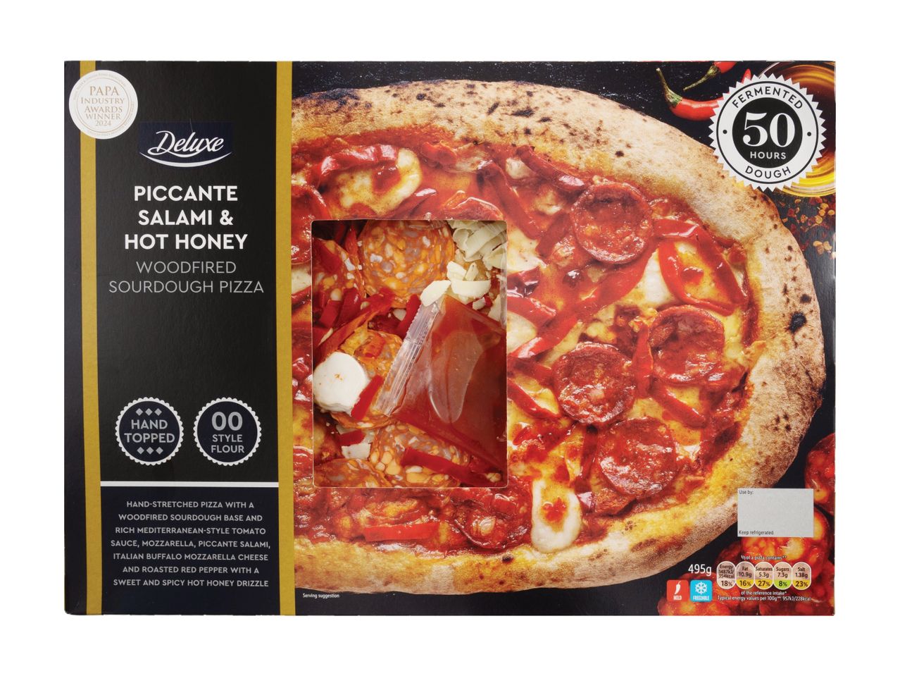 A delicious-looking Dr. Oetker Pollo e Salame pizza with hot honey.