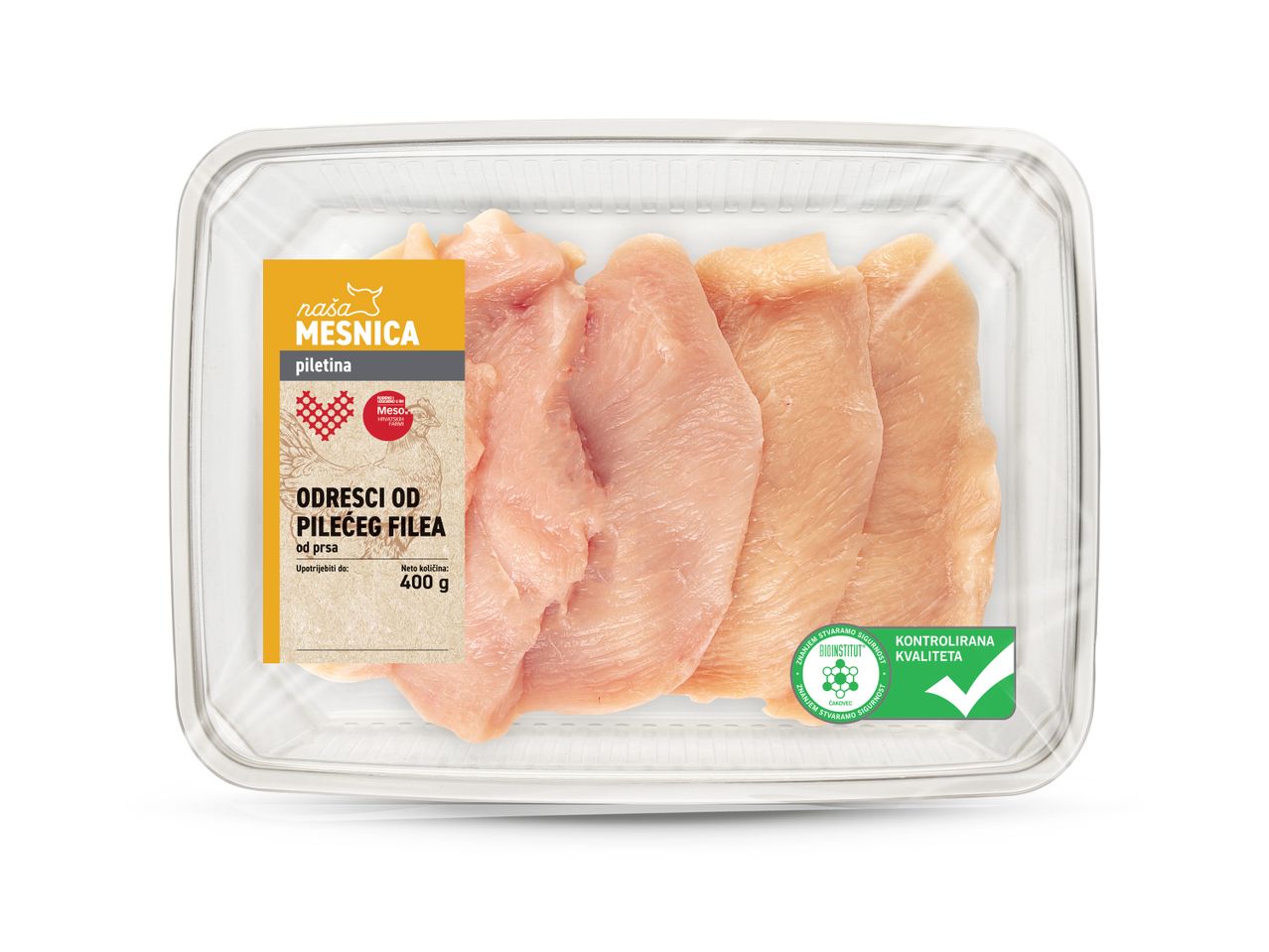 Pakiranje pilećeg filea Naša Mesnica od 400 g s oznakom kontrolirane kvalitete.