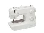 White sewing machine with a piece of grey fabric under the needle