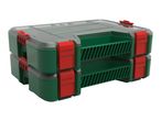 Two stacked green and red organizer boxes with transparent lids.