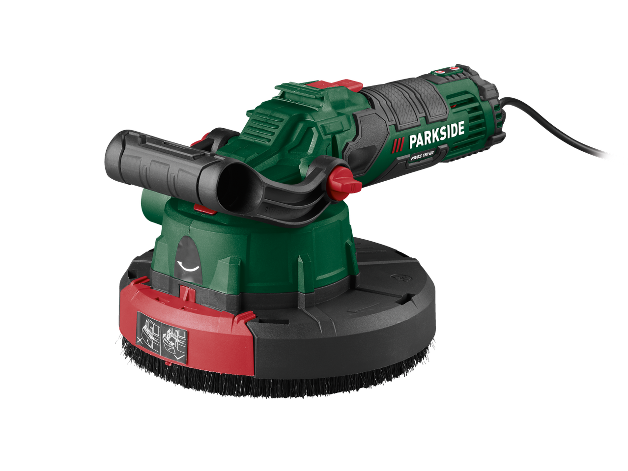 Parkside® csiszológép zöld és fekete színben, piros részletekkel, elölnézetből.