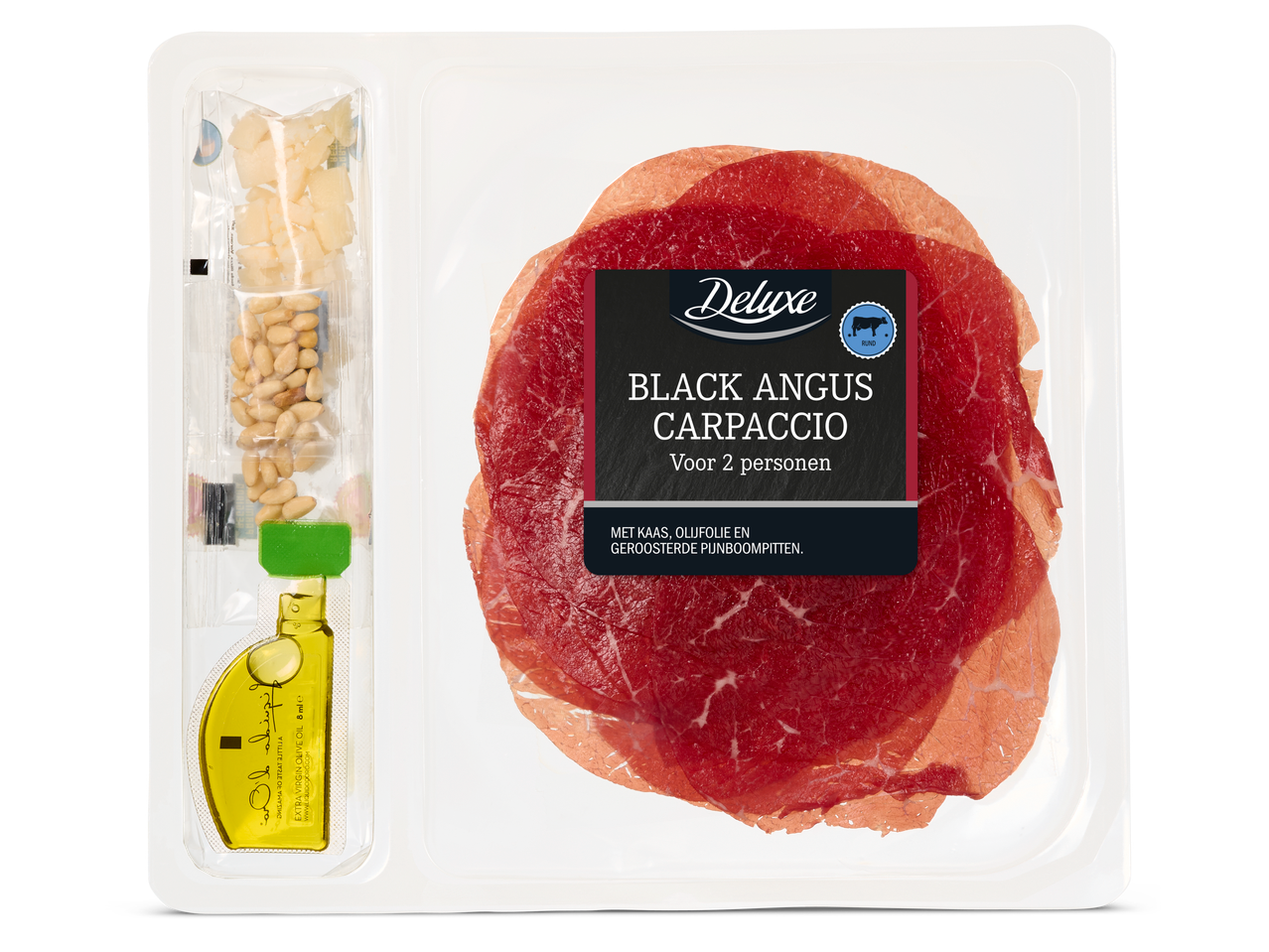 Deluxe Black Angus carpaccio met kaas, pijnboompitten en olijfolie.