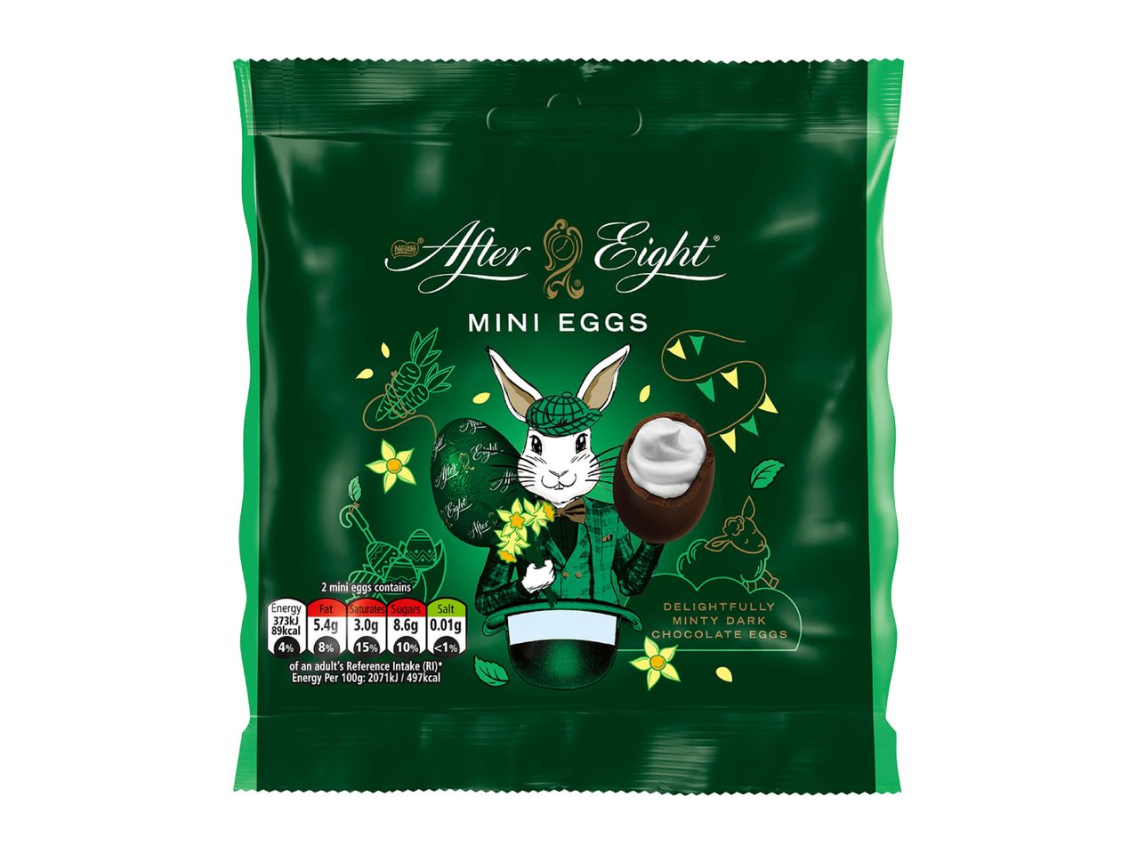 Dark chocolate mini eggs with mint filling, featuring an Easter bunny character.