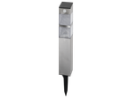 Solar-powered garden light with a brushed metal finish, clear patterned panels, and a ground spike.