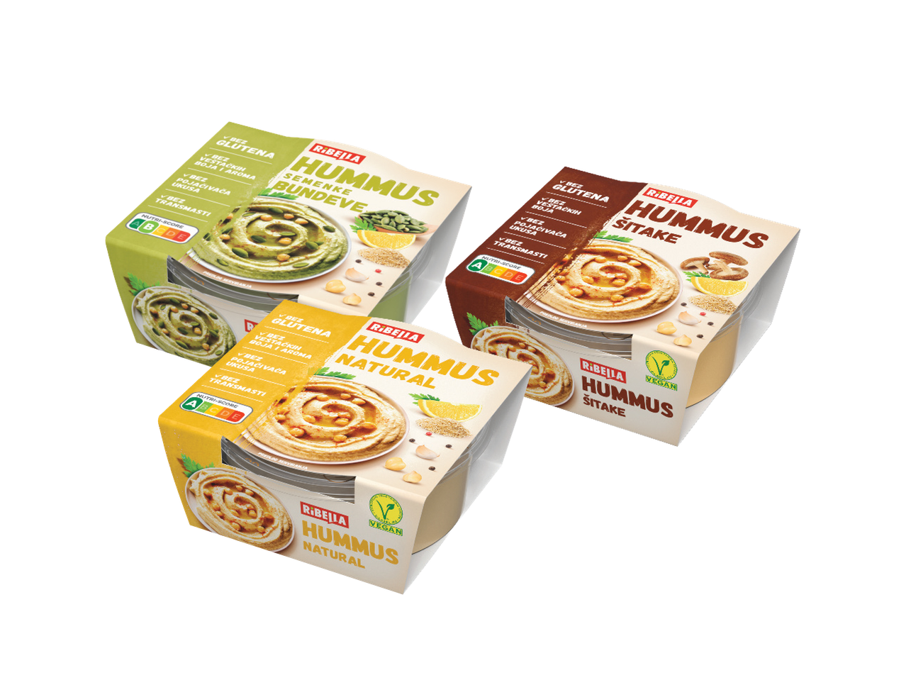 Tri pakovanja humusa: sa semenkama bundeve, šitake pečurkama i prirodni, svi bez glutena i veštačkih dodataka.