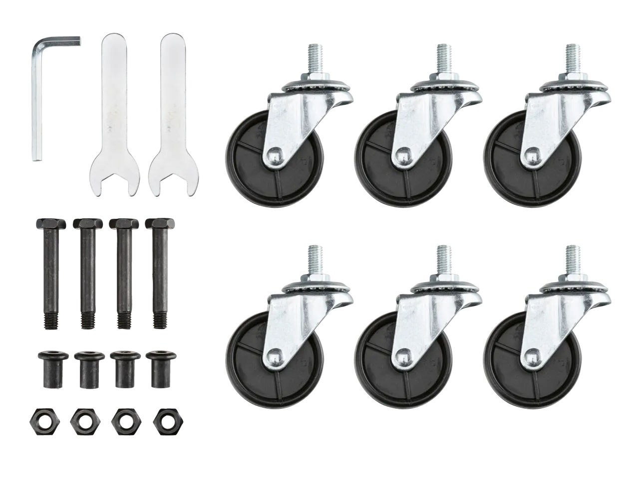 Hat forgó görgő készlet szerelési tartozékokkal és szerszámokkal.