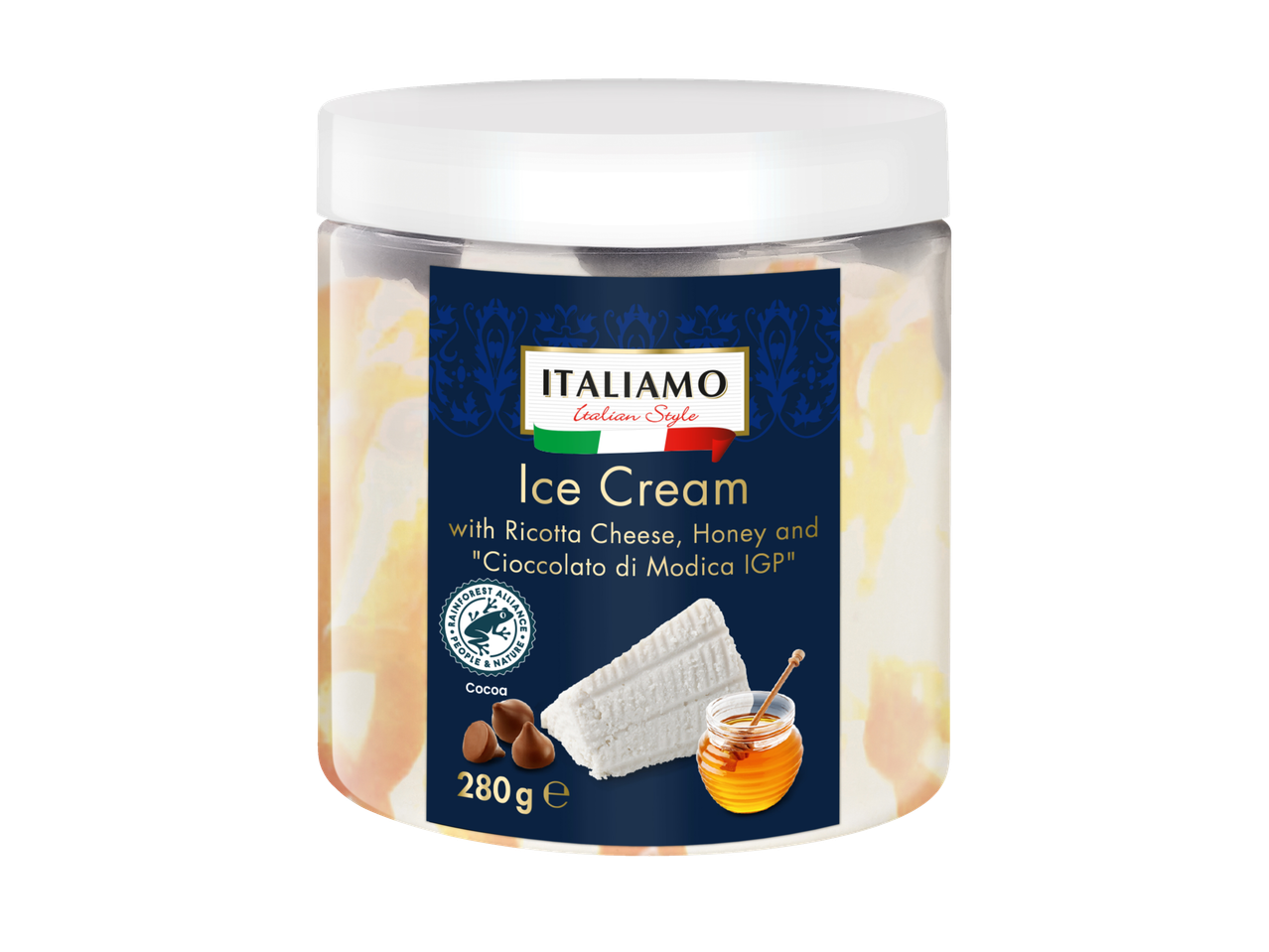 ITALIAMO Estilo Italiano Sorvete com Queijo Ricotta, Mel e Chocolate Modica.