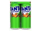 Vier blikjes frisdrank met exotische fruitsmaak, 4x250ml, zero sugar.