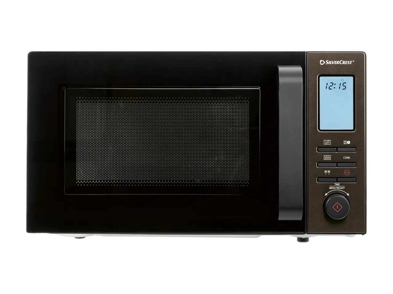 Silvercrest microwave oven with a black door and a dark control panel