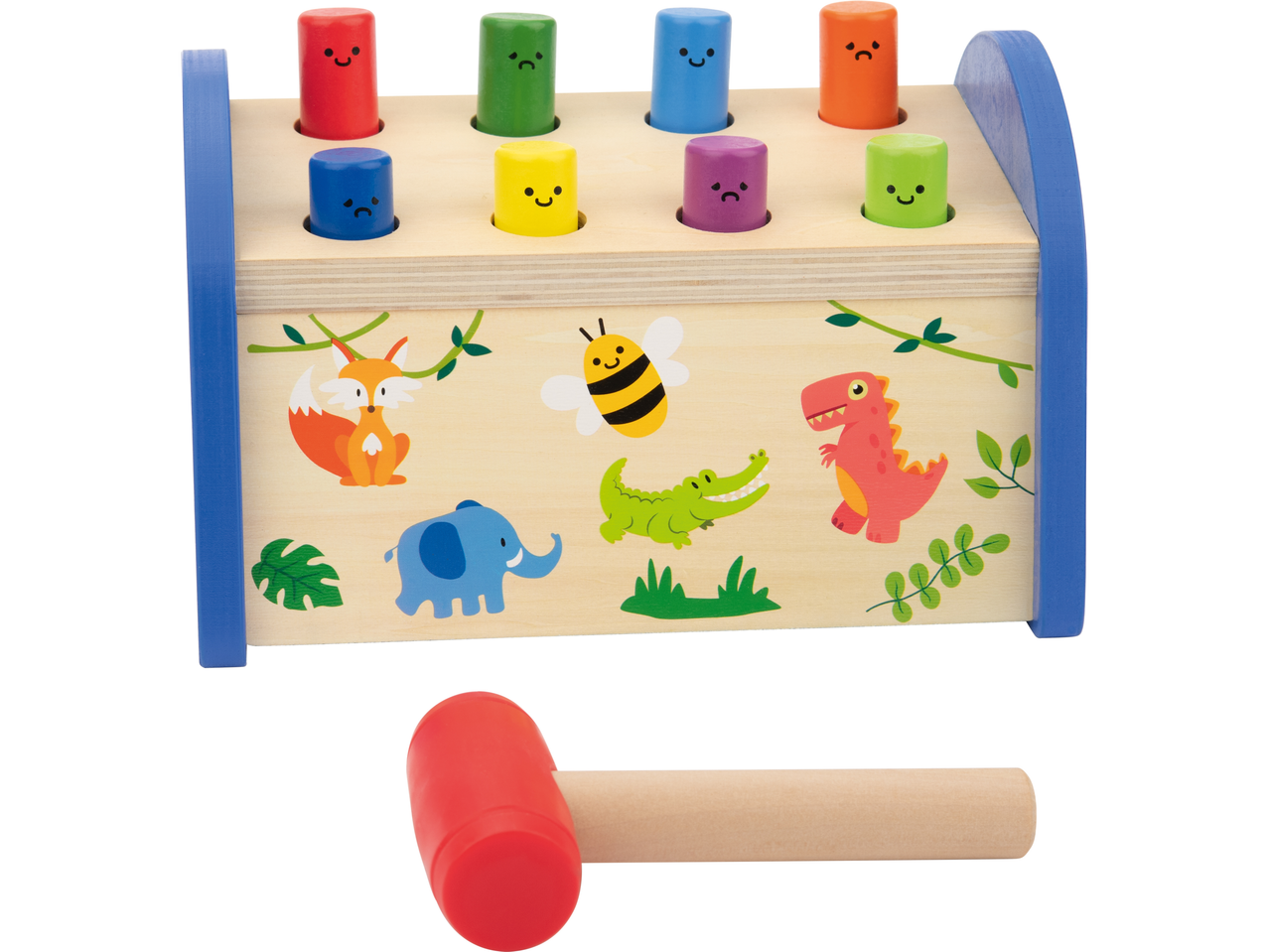 Medinis žaislas su plaktuku ir spalvotais kaiščiais, su džiunglių gyvūnais ir vabzdžiais.