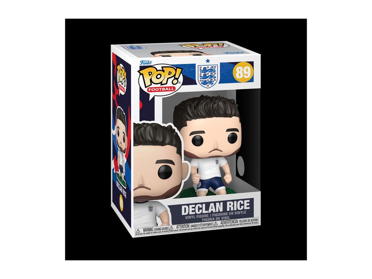 Football player collectible figure in a display box, featuring Declan Rice.