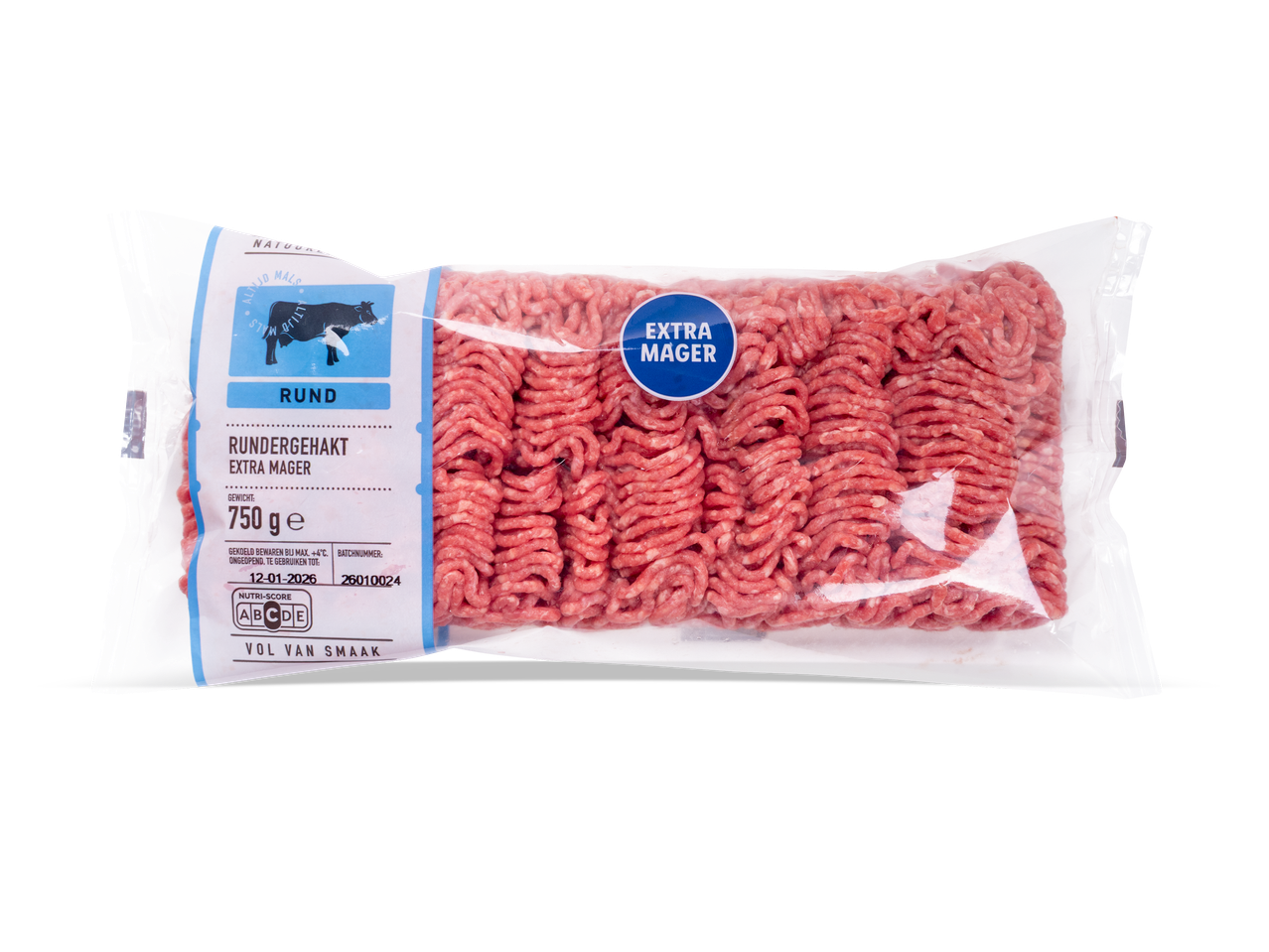 Verpakking rundergehakt extra mager, 750 gram, met houdbaarheidsdatum 12-01-2026 en Nutri-Score A.