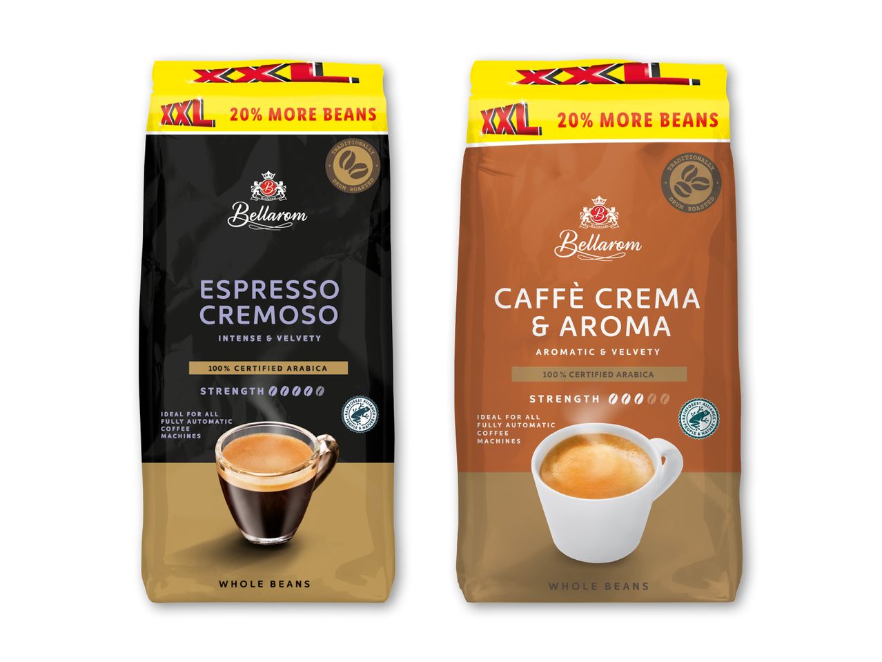 To poser Bellarom kaffe, Espresso Cremoso og Caffè Crema & Aroma, med 20% flere bønner.