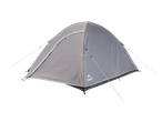 Grey dome tent with white trim and guy lines on a black background.