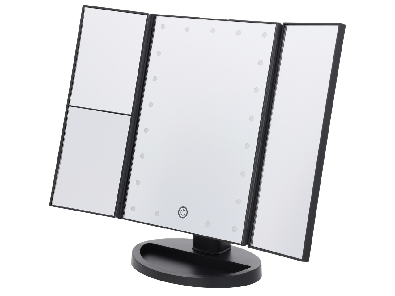 Огледало за грим с LED осветление и три панела, стоящо на черна основа.