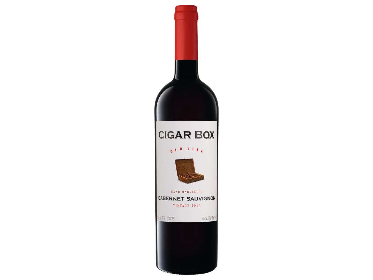 Bouteille de vin rouge Cigar Box Cabernet Sauvignon avec capsule rouge.