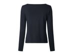 Dark blue long-sleeved top with a boat neck, back view