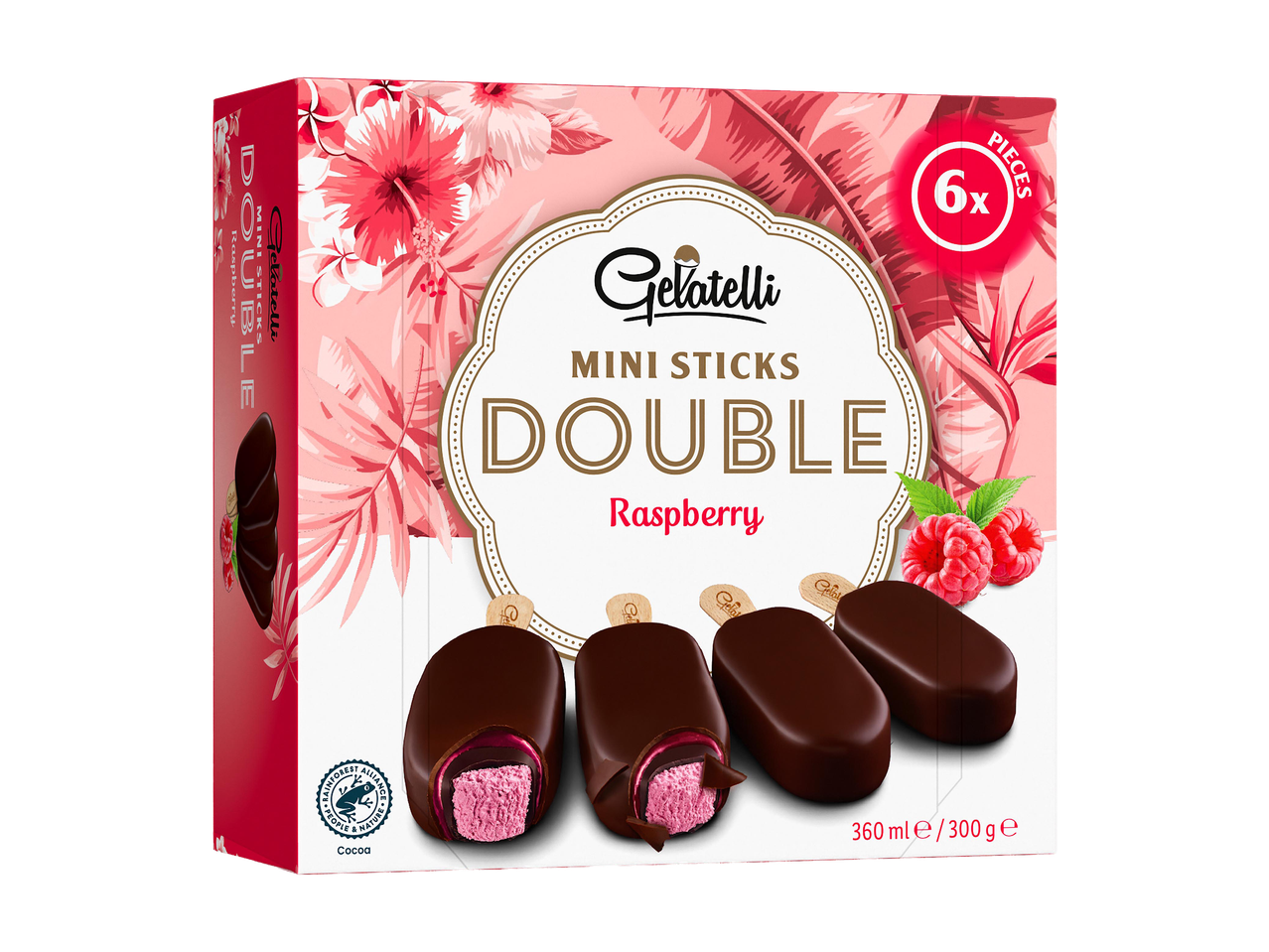 Rózsaszín doboz 6 darab dupla málna ízű mini jégkrémmel, trópusi virágokkal díszítve.