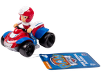 Figura PAW PATROL com veículo, um quadriciclo vermelho e branco com um personagem de capacete.