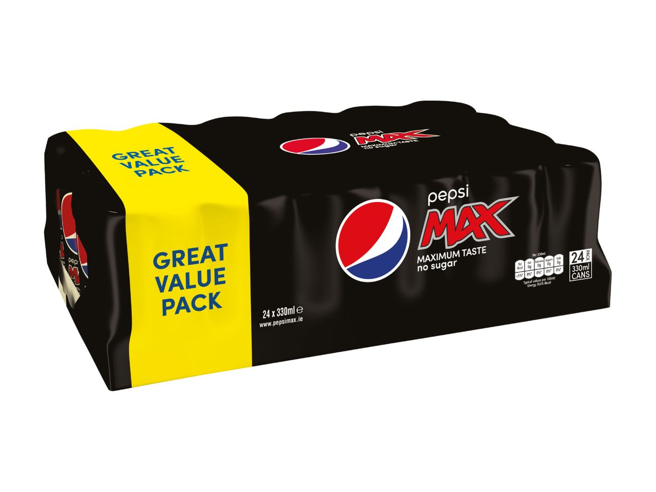 Pepsi Max 24-pack of 330ml cans, a great value pack with no sugar.