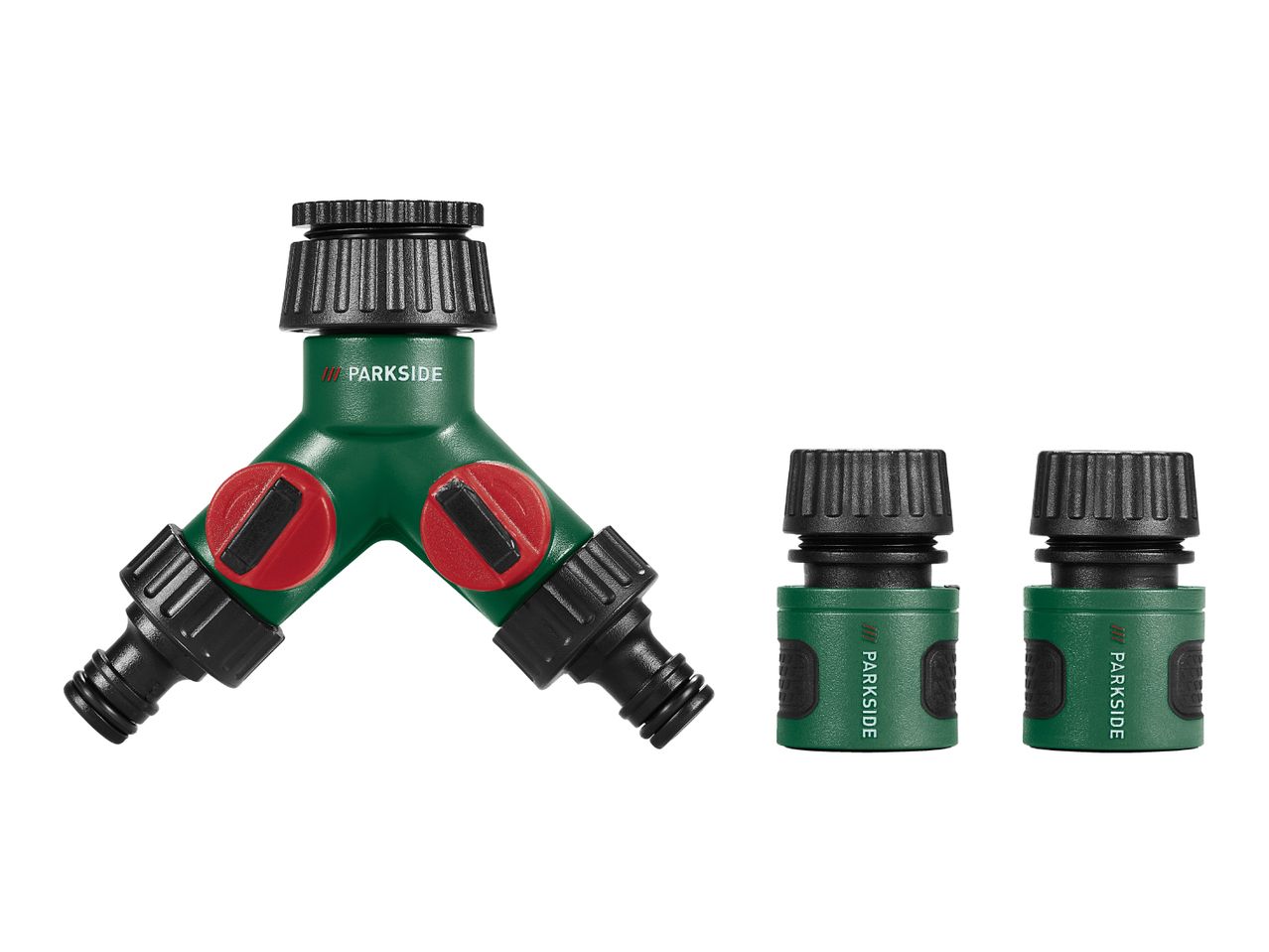 Green Y-shaped hose connector with red valves and two green hose connectors.