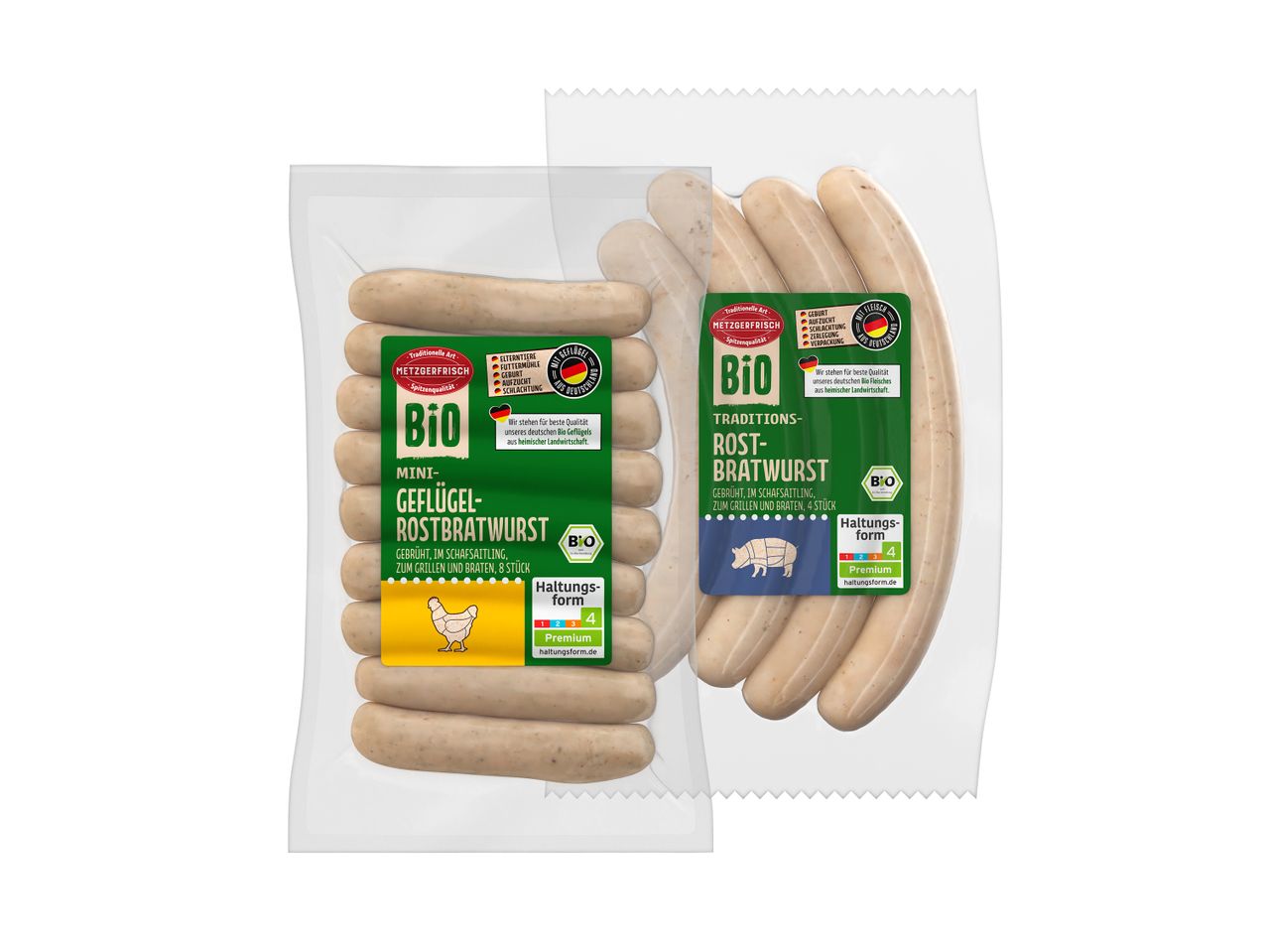 Zwei Packungen Bio-Bratwürste (Geflügel und Tradition) von Metzgerfrisch mit Haltungsform 4.