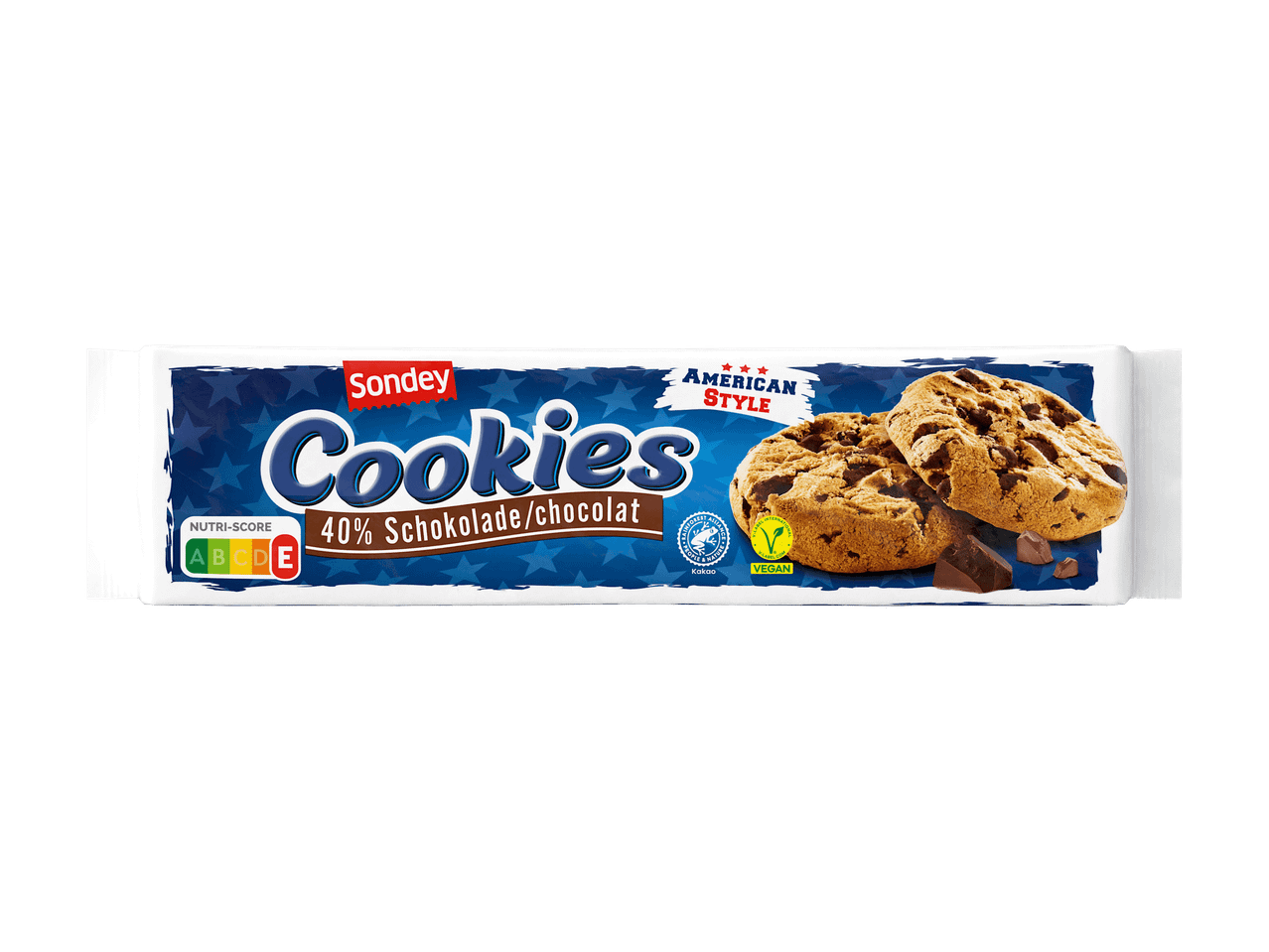 Paquet de biscuits Sondey American Style avec 40% de chocolat, Nutri-Score E et certification végétalienne.