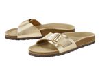 Pair of gold metallic slide sandals with cork soles and adjustable buckles