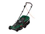 Green electric lawnmower with black wheels and an orange power cord.