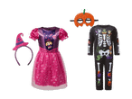 Zwei Halloween-Kostüme: ein pinkes Paw Patrol Kleid und ein schwarzer Skelett-Overall.