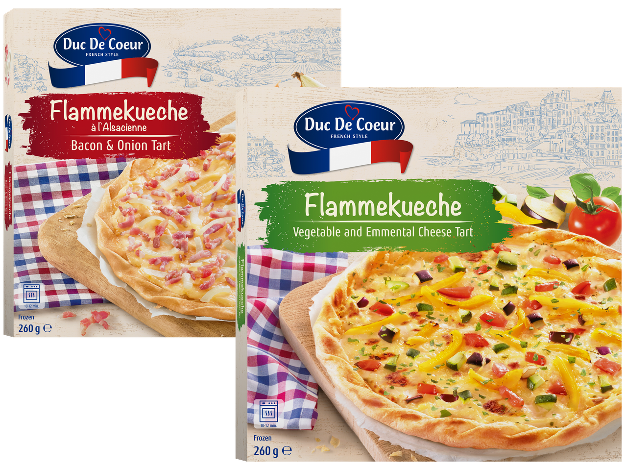 Två frusna Flammeküchen från Dr. Oetker, en med skinka och en med grönsaker.