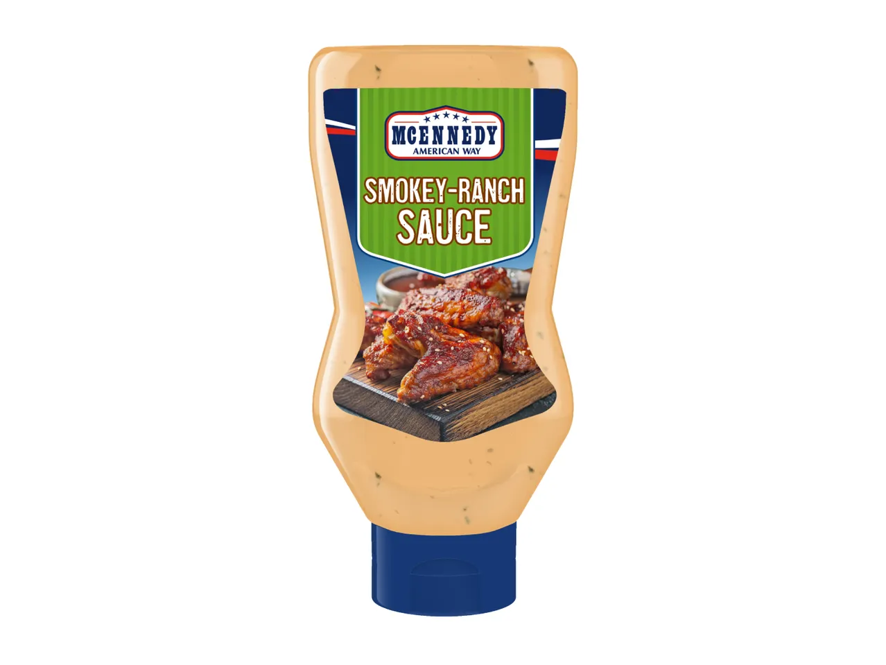 Smokey-Ranch Sauce bottle with an image of chicken wings on the label.
