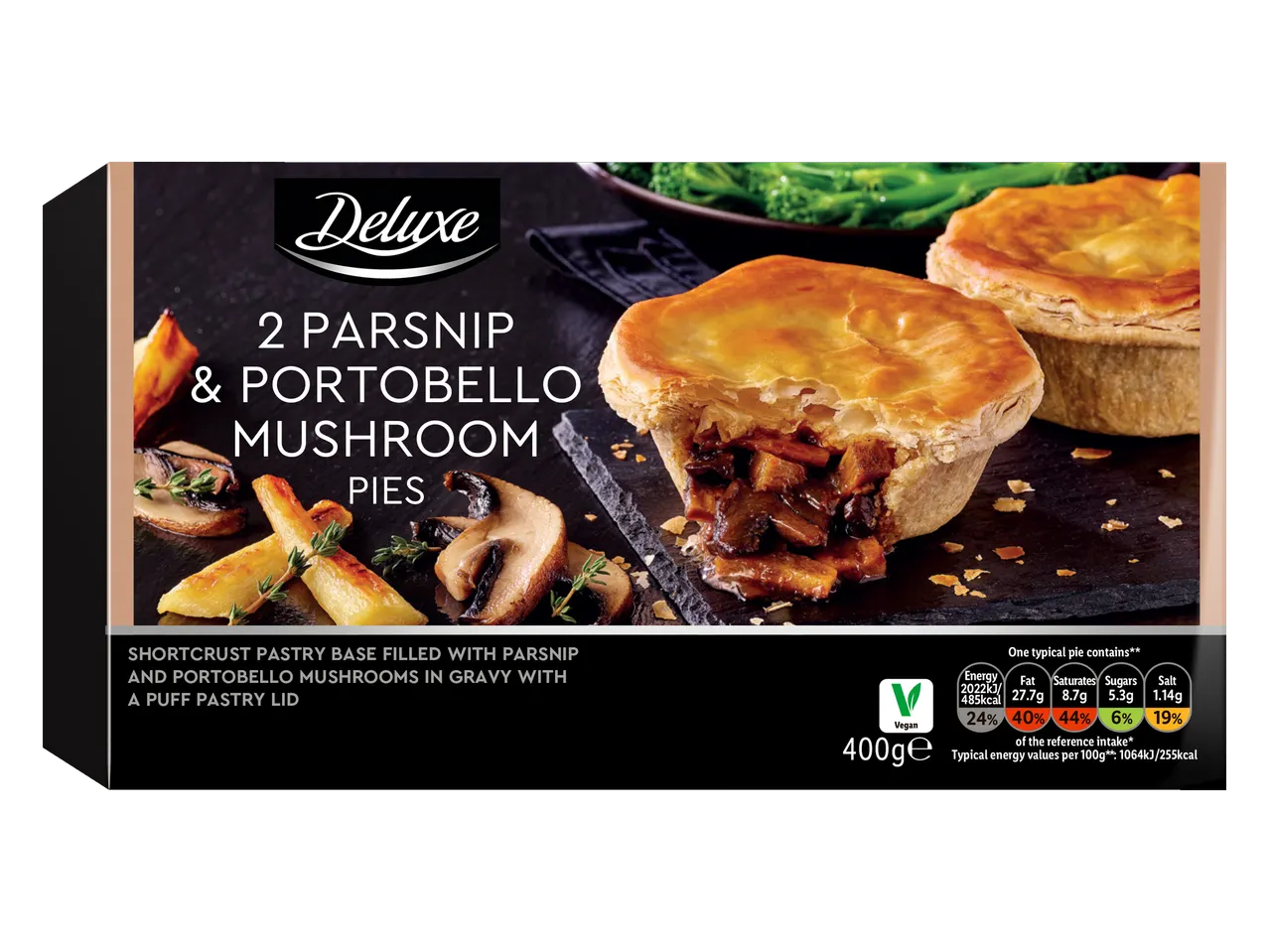 Deluxe 2 Parsnip & Portobello Mushroom Pies with nutritional information.