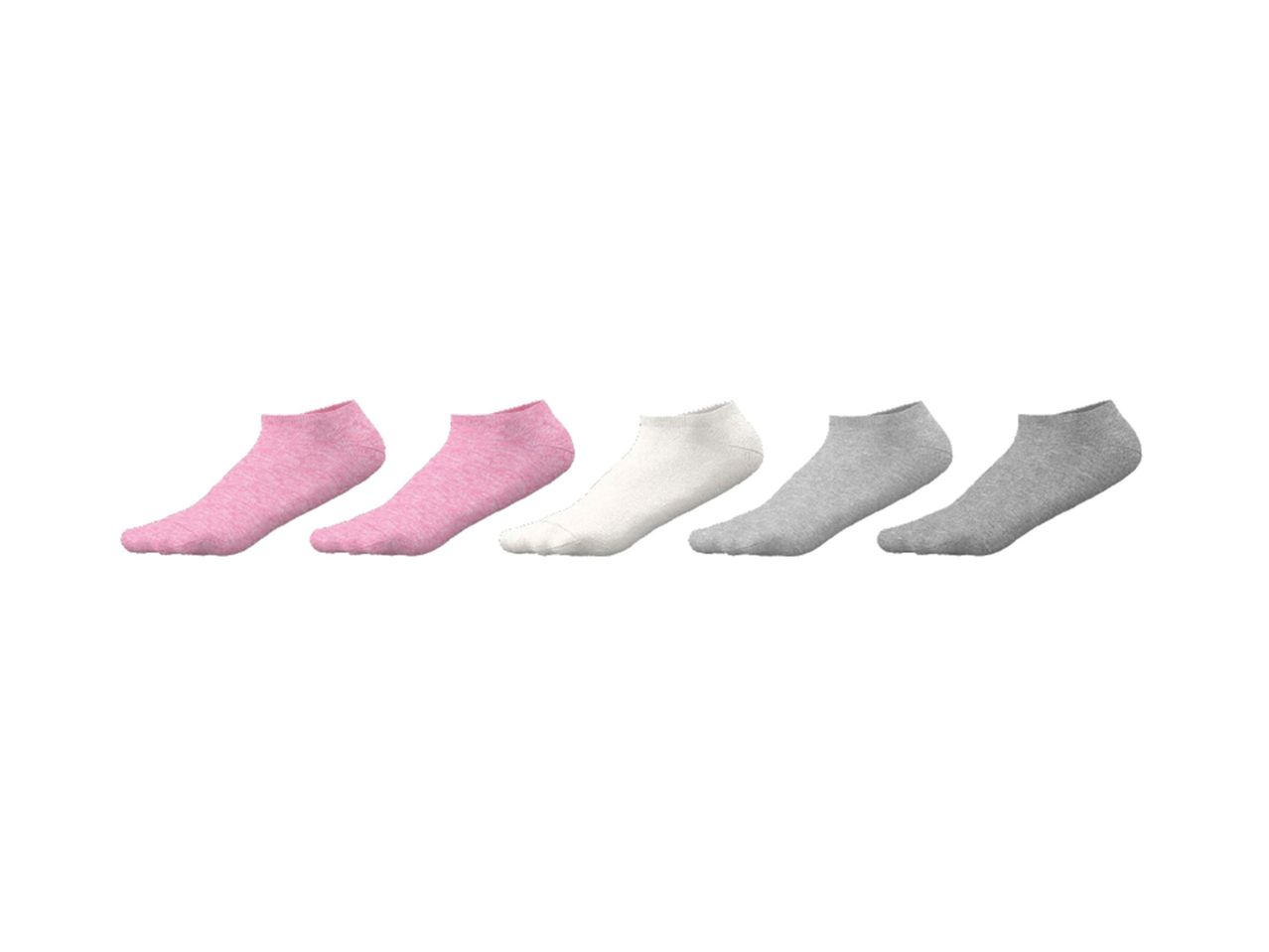 Pet pari ženskih čarapa bez prstiju u roze, beloj i sivoj boji.