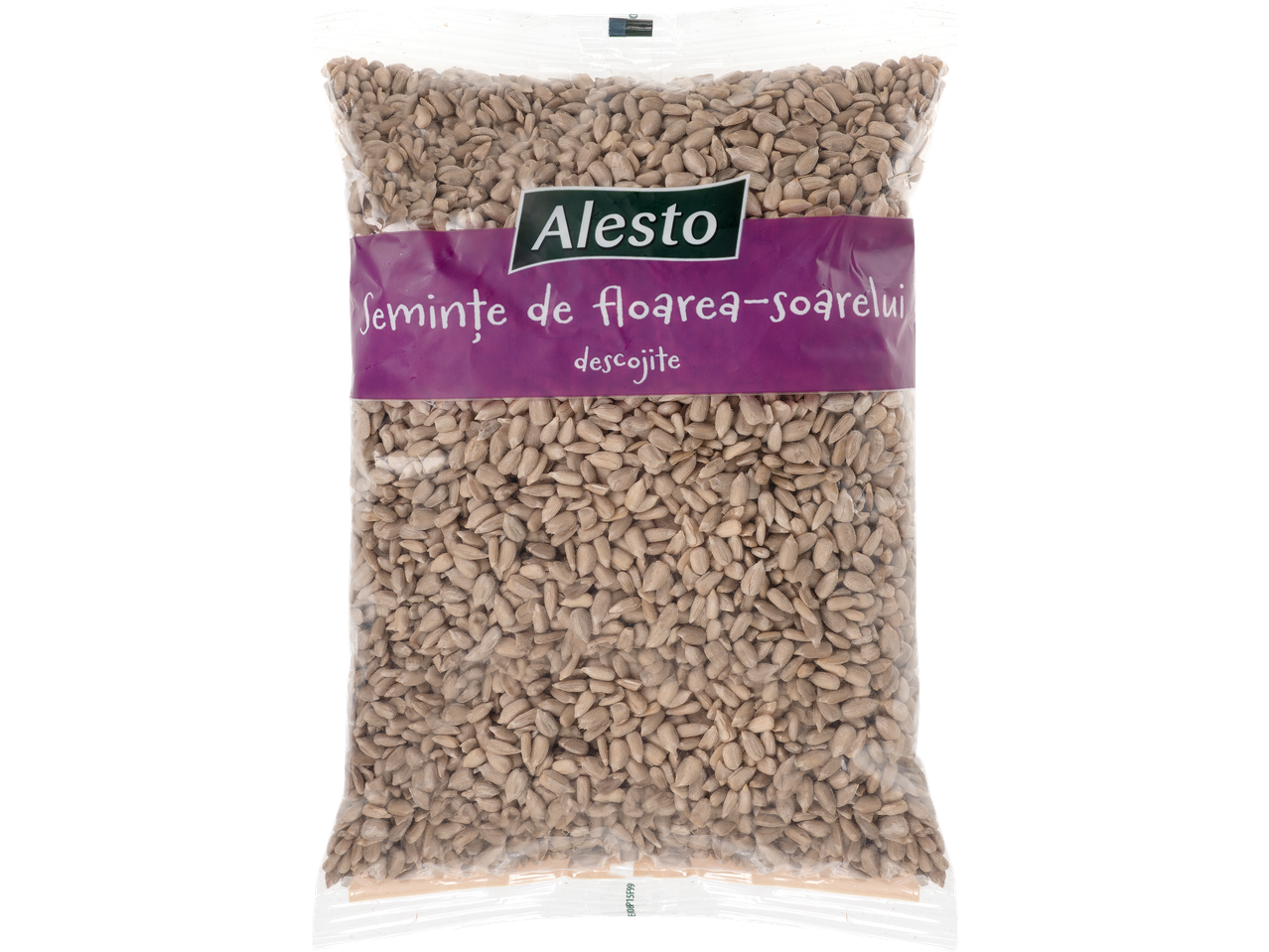 ALESTO Semințe de floarea-soarelui crude, decojite, într-o pungă transparentă.