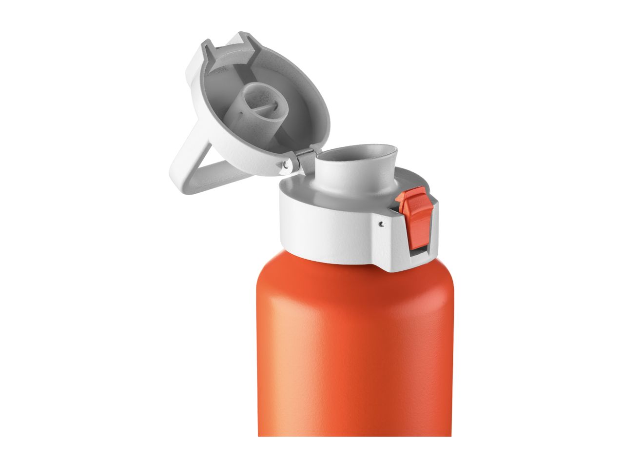 An orange water bottle with a white and orange lid.