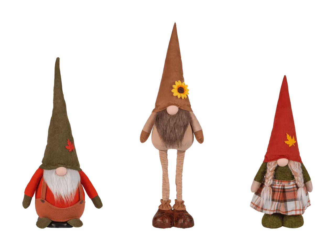 Trois gnomes décoratifs d'automne avec chapeaux, barbes et vêtements thématiques.
